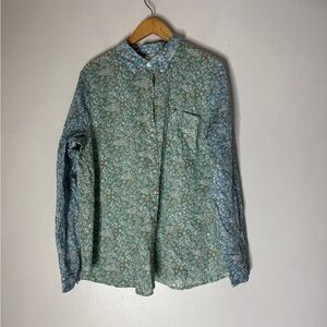 J Jill Green & Blue Floral Collar Button Up Mixed Media With Pocket Large‎